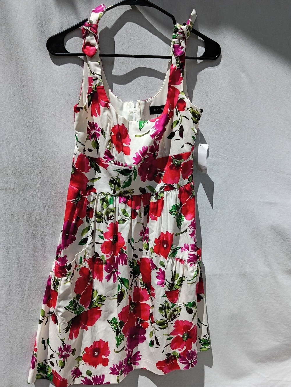 B. Smart White Midi Dress with Pink & Red Floral Print W/ Tie Straps & Pockets